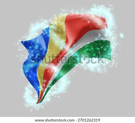 Seychelles, vector 3d flag in whirlwind of magical radiance
