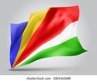 Seychelles, vector flag with waves and bends waving in the wind on a white background.