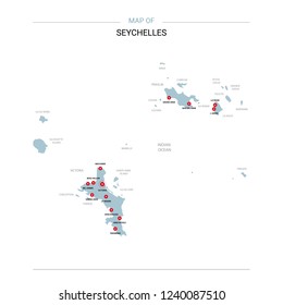 Seychelles vector map. Editable template with regions, cities, red pins and blue surface on white background. 