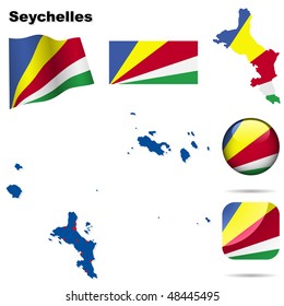 Seychellen-Vektorset. Detaillierte Landesform mit regionalen Rändern, Flaggen und Symbolen einzeln auf weißem Hintergrund.