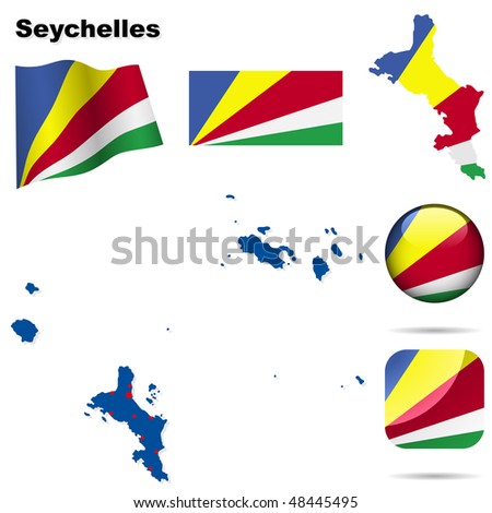 Seychelles vector set. Detailed country shape with region borders, flags and icons isolated on white background.