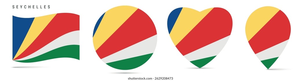 Bandeira de Seicheles, círculo redondo, distintivo do adesivo, ícone em forma de coração, pino do mapa. República das Seicheles bandeiam botões de diferentes formas. Ilustração vetorial isolada em branco.