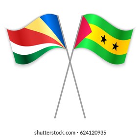 Seychellois and Sao Tomean crossed flags. Seychelles combined with Sao Tome and Principe isolated on white. Language learning, international business or travel concept.