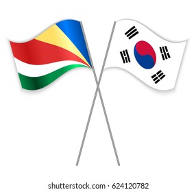 Seychellois and South Korean crossed flags. Seychelles combined with South Korea isolated on white. Language learning, international business or travel concept.