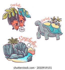 Seyshelles symbols - giant turtle, big rocks and flying foxes. Hand drawn vector illustrations for cards, stickers