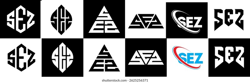 SEZ letter logo design in six style. SEZ polygon, circle, triangle, hexagon, flat and simple style with black and white color variation letter logo set in one artboard. SEZ minimalist and classic logo