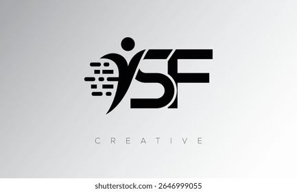 Logotipo de monograma digital creativo de SF: diseño futurista de marca de letras con forma humana, movimiento de píxeles y estilo tecnológico mínimo para una identidad de marca innovadora
