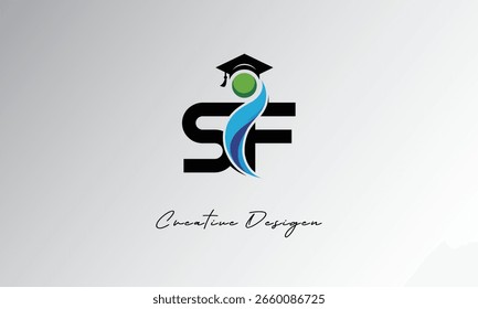 SF Creative Letter Logo mit Graduiertenkappe und abstraktem Human - Modernes Bildungs- und Lernsymboldesign