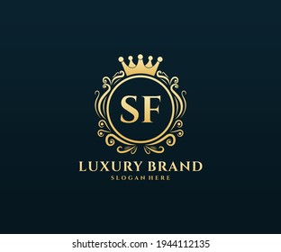 SF Initial Letter, Gold text with feminine floral hand drawn heraldic monogram, Antique vintage style luxury logo design.