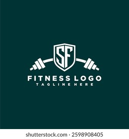SF initial monogram for fitnes or gym logo with creative shield and barbell design