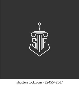 SF firma de ley de monograma inicial con diseño de logotipo de espada y pilar