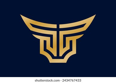 SF letter logo with head bull silhouette symbol, monogram - monoline design style and gold color, luxury and elegant looks. Suitable for japanese restaurant, all you can eat, meat store brand etc. 