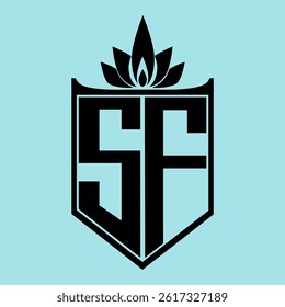 SF Logo featuring a minimalist design with a crown-like flower symbol on top, bold black elements, and a soft blue background, perfect for branding and modern visual identity.