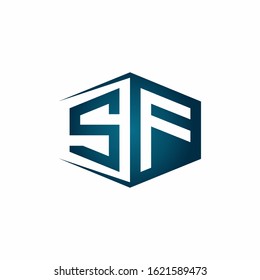 SF monogram logo with hexagon shape and negative space style ribbon design template