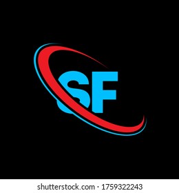 SF S F letter logo design. Initial letter SF linked circle uppercase monogram logo red and blue. SF logo, S F design. sf, s f
