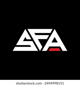 SFA triangle letter logo design with triangle shape. SFA triangle logo design monogram. SFA triangle vector logo template with red color. SFA triangular logo Simple, Elegant, and Luxurious design.