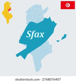 Sfax Tunisia Map and Flag - Second Largest City, Economic Capital, Mediterranean Port and Medina Vector Outline.