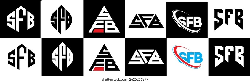 SFB letter logo design in six style. SFB polygon, circle, triangle, hexagon, flat and simple style with black and white color variation letter logo set in one artboard. SFB minimalist and classic logo
