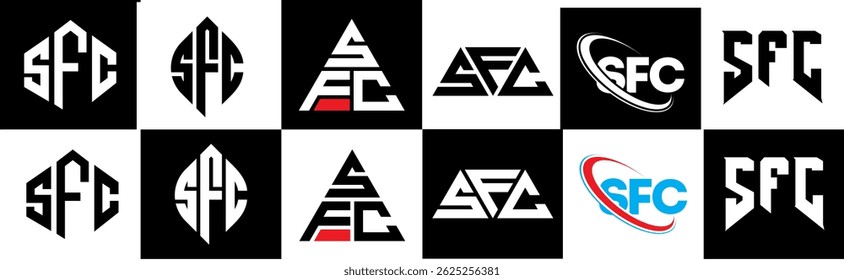 SFC letter logo design in six style. SFC polygon, circle, triangle, hexagon, flat and simple style with black and white color variation letter logo set in one artboard. SFC minimalist and classic logo