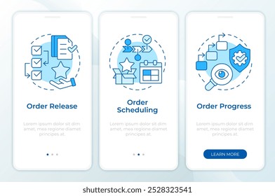 Pantalla azul del App móvil de incorporación de fases SFC. Gestión, control. Instrucciones gráficas editables de 3 pasos con conceptos lineales. PLANTILLA UI, UX, GUI