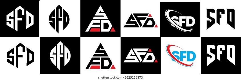 SFD letter logo design in six style. SFD polygon, circle, triangle, hexagon, flat and simple style with black and white color variation letter logo set in one artboard. SFD minimalist and classic logo