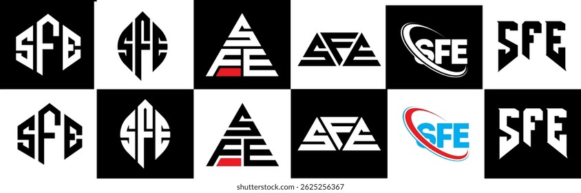 SFE letter logo design in six style. SFE polygon, circle, triangle, hexagon, flat and simple style with black and white color variation letter logo set in one artboard. SFE minimalist and classic logo
