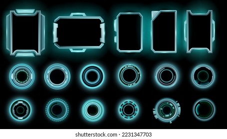 Sfi-fi game frame vector space HUD set, digital cyber overlay border kit, blue neon lights effect. Futuristic rectangle monitor menu, round UI design element, technology dashboard. Game frame screen