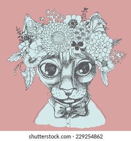Sfinks cat portrait with floral wreath. Hand drawn vector illustration. Can be used separately from your design.