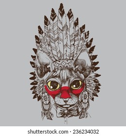 Sfinks cat portrait with native american indian chief headdress. Hand drawn vector illustration.