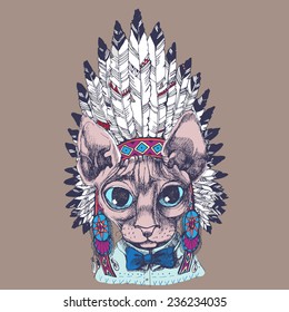 Sfinks cat portrait with native american indian chief headdress. Hand drawn vector illustration.