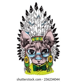 Sfinks cat portrait with native american indian chief headdress. Hand drawn vector illustration.