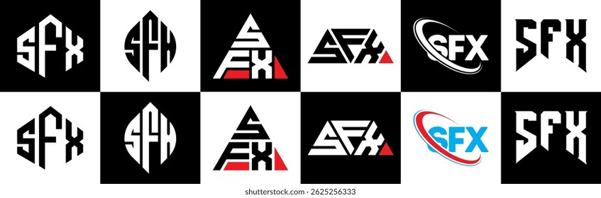 SFX letter logo design in six style. SFX polygon, circle, triangle, hexagon, flat and simple style with black and white color variation letter logo set in one artboard. SFX minimalist and classic logo