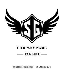 SG bold shield logo with wings, customizable with letters A to Z. Perfect for brands seeking a powerful symbol of strength, freedom, and ambition