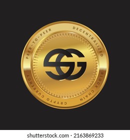 SG Crypto currency logo in black color concept on gold coin. Socialgood token coin Block chain technology symbol. Vector illustration for banner, background, web, print, article, wallpaper.