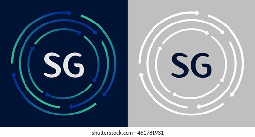 SG design template elements in abstract background logo, design identity in circle, letters business logo icon, blue/green alphabet letters, simplicity graphics