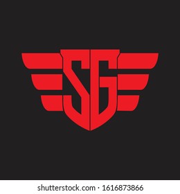 SG Logo monogram with emblem and wings element design template on red colors