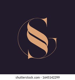 SG monogram logo.Elegant style typographic icon.Lettering sign.Alphabet initials isolated on dark background.Uppercase luxury letter s and letter g.Overlapped beauty characters shape.