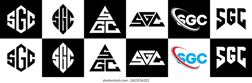 SGC letter logo design in six style. SGC polygon, circle, triangle, hexagon, flat and simple style with black and white color variation letter logo set in one artboard. SGC minimalist and classic logo