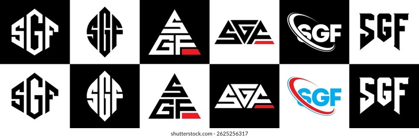 SGF letter logo design in six style. SGF polygon, circle, triangle, hexagon, flat and simple style with black and white color variation letter logo set in one artboard. SGF minimalist and classic logo