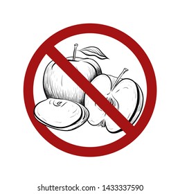 Sgn with a drawing of an apple with a hatching in the prohibition sign. Ban on fruit. Do not eat in this place. Vector sign for icons, stickers and your design.