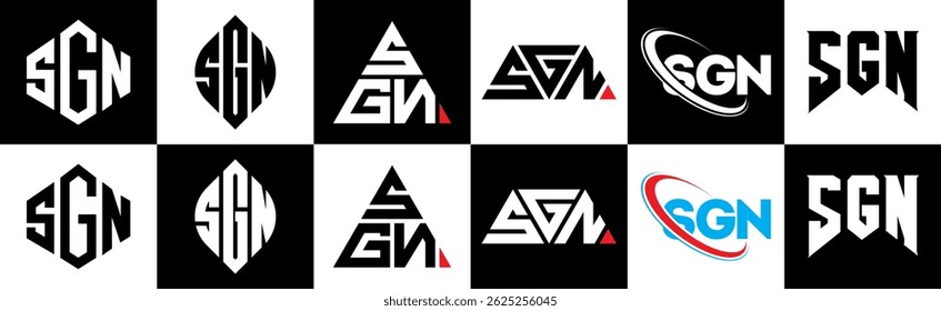 SGN letter logo design in six style. SGN polygon, circle, triangle, hexagon, flat and simple style with black and white color variation letter logo set in one artboard. SGN minimalist and classic logo