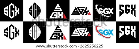 SGX letter logo design in six style. SGX polygon, circle, triangle, hexagon, flat and simple style with black and white color variation letter logo set in one artboard. SGX minimalist and classic logo