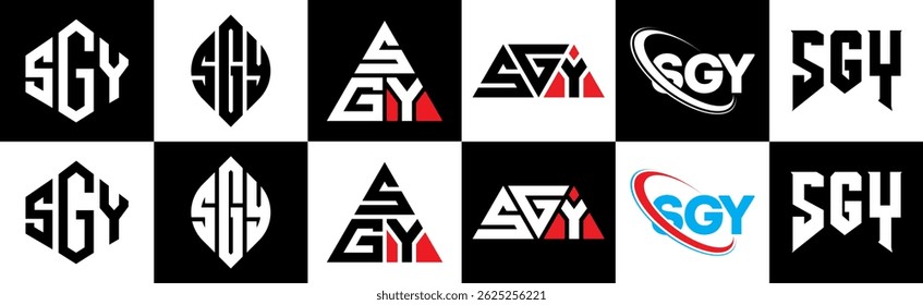 SGY letter logo design in six style. SGY polygon, circle, triangle, hexagon, flat and simple style with black and white color variation letter logo set in one artboard. SGY minimalist and classic logo