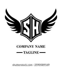 SH bold shield logo with wings, customizable with letters A to Z. Perfect for brands seeking a powerful symbol of strength, freedom, and ambition