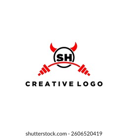 SH initial monogram for fitnes or gym logo with devil style design
