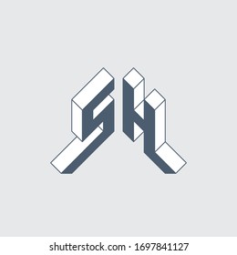 SH - international 2-letter code or National domain of Saint Helena. S and H - Monogram or logotype. Isometric 3d font for design. Three-dimension letters.