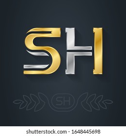 SH - international 2-letter code of Saint Helena. Initials or silver logo for personal brand. S and H - Metallic 3d icon or logotype template. Design element with line art option.