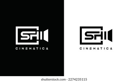 SH letter logo design with video camera. HS monogram initials letter logo concept. SH icon design. HS elegant and Professional letter icon design on black background. H S SH HS