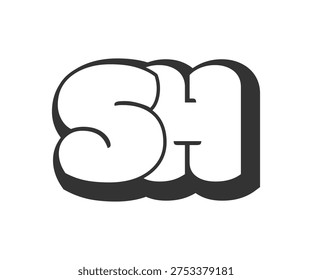 SH logo, bubble comic lettering, rounded in graffiti style black and white silhouette. Trendy preschool S and H letter text for festival party, personal initials, children funky print and web. Vector illustration.