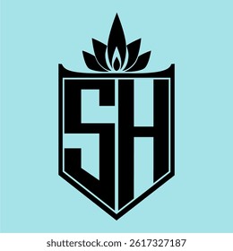 SH Logo featuring a minimalist design with a crown-like flower symbol on top, bold black elements, and a soft blue background, perfect for branding and modern visual identity.